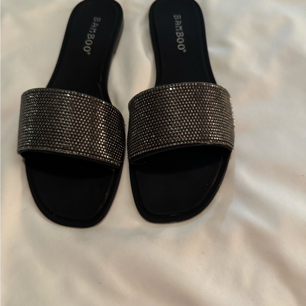 BAMBOO Sandals Black Slide with Metallic Strap
